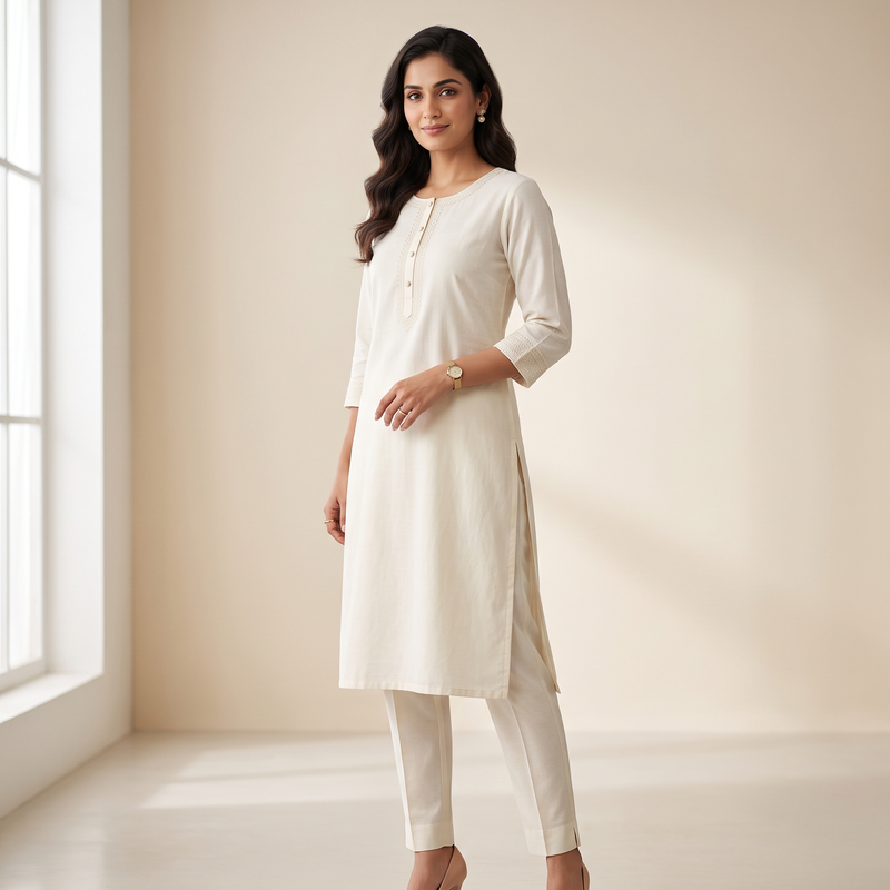 Ivory Formal Cotton Kurti with Pants