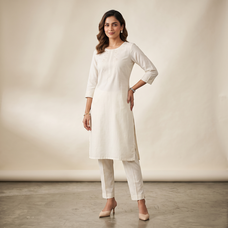 Ivory Formal Cotton Kurti with Pants