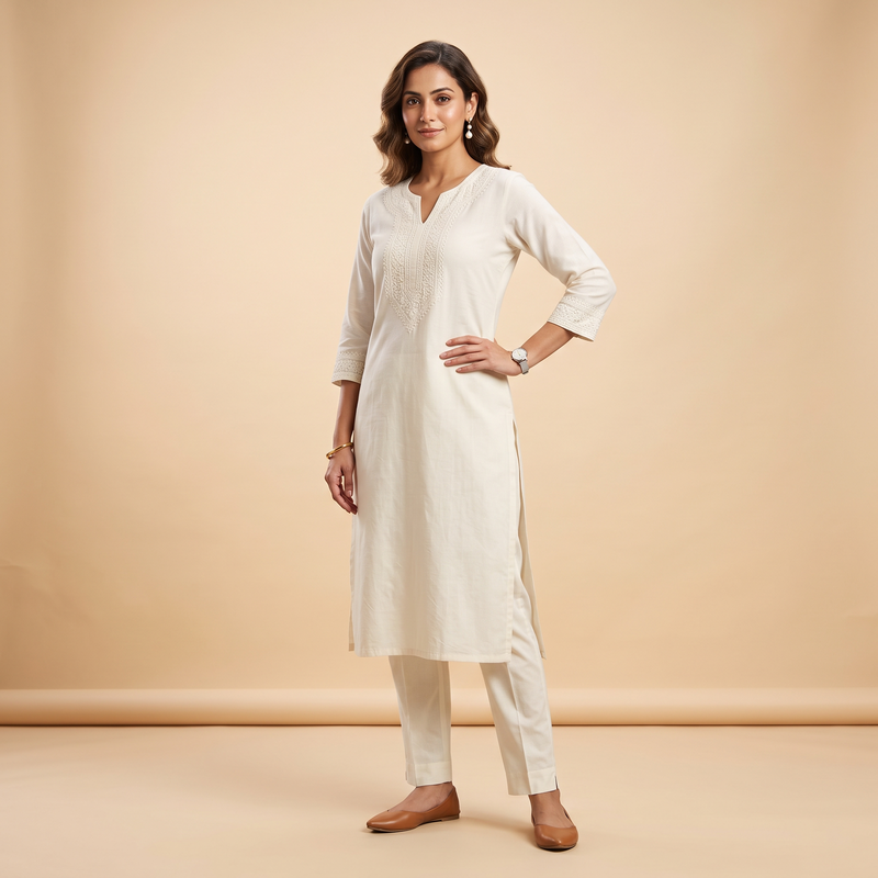 Ivory Formal Cotton Kurti with Pants
