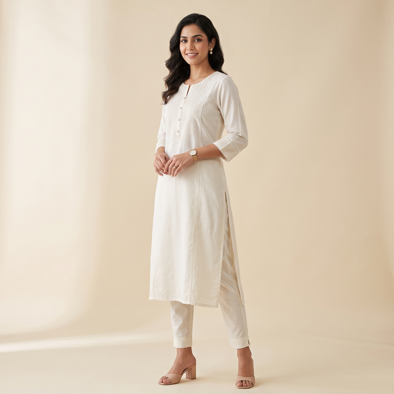 Ivory Formal Cotton Kurti with Pants