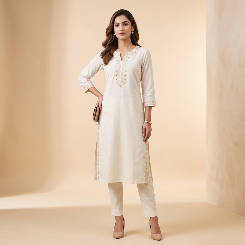 Ivory Formal Cotton Kurti with Pants