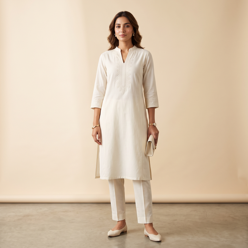 Ivory Formal Cotton Kurti with Pants