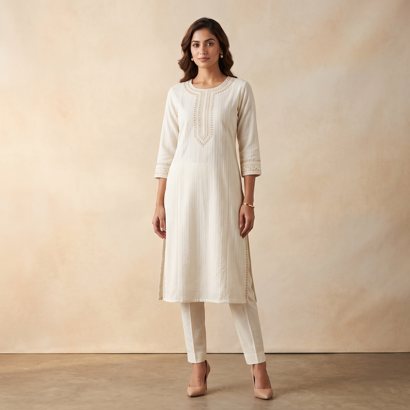 Ivory Formal Cotton Kurti with Pants