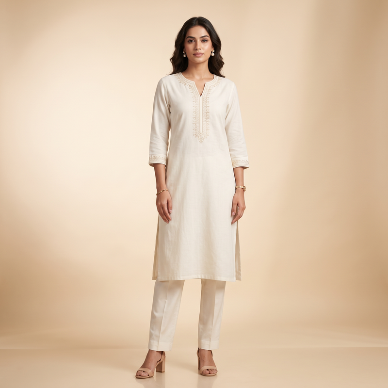 Ivory Formal Cotton Kurti with Pants